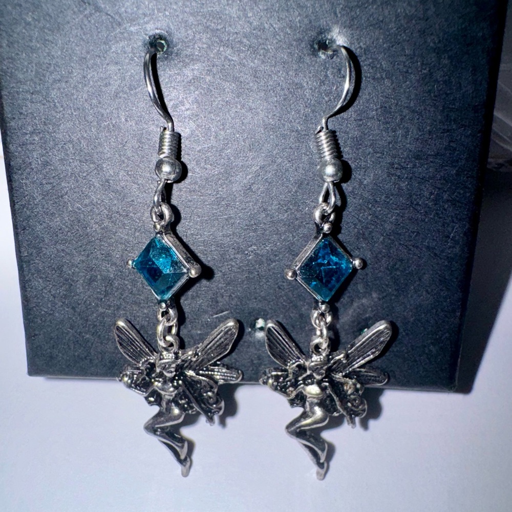 silver fairy earrings w/ blue gem